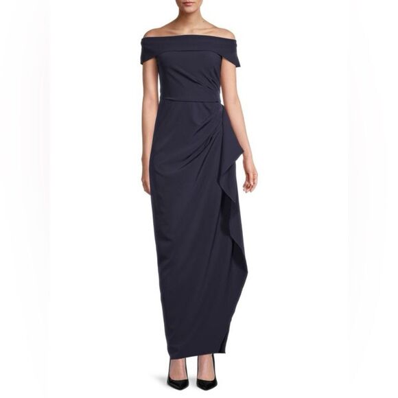 Vince Camuto Off-The-Shoulder Ruffle Gown Size 4 Navy - Picture 1 of 13